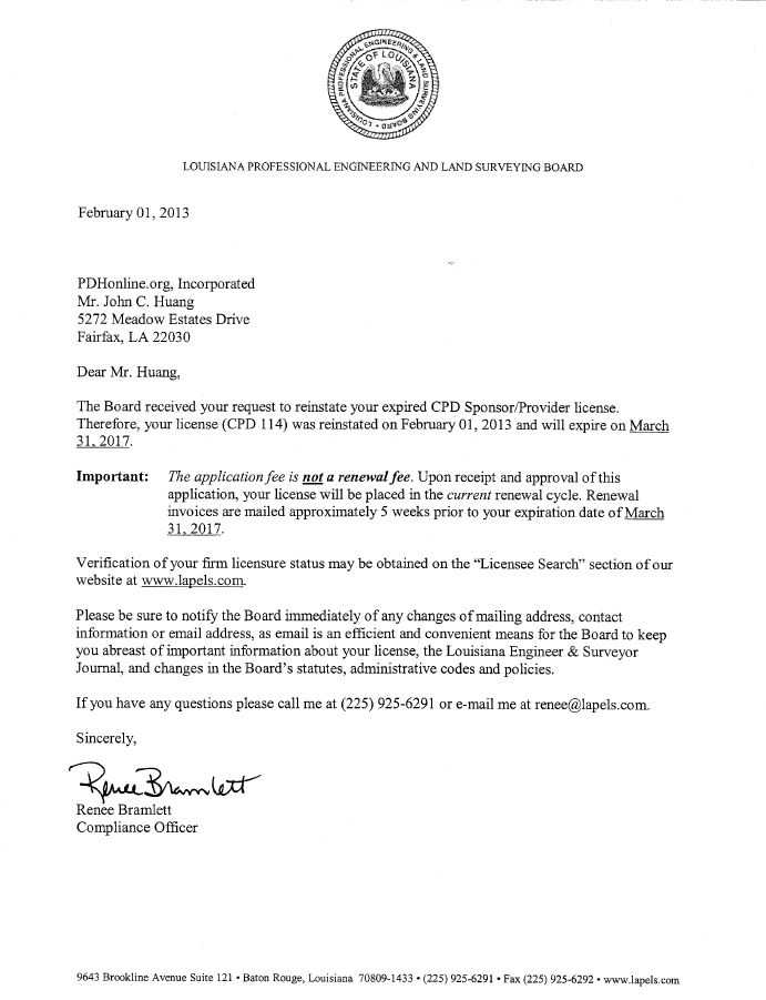 Louisiana Board Approval Letter